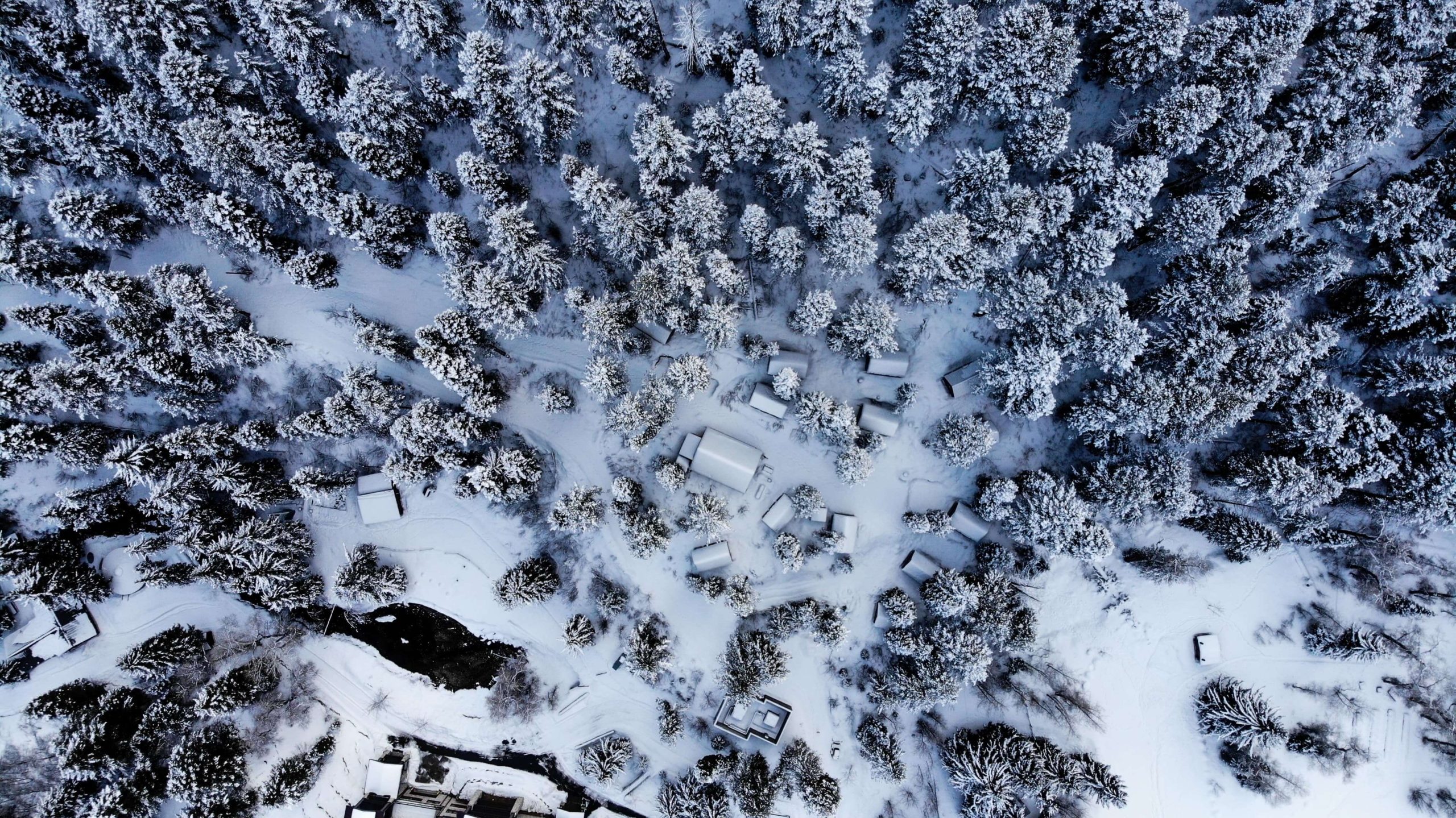 Drone Photography | Snowy Mountain and cabins